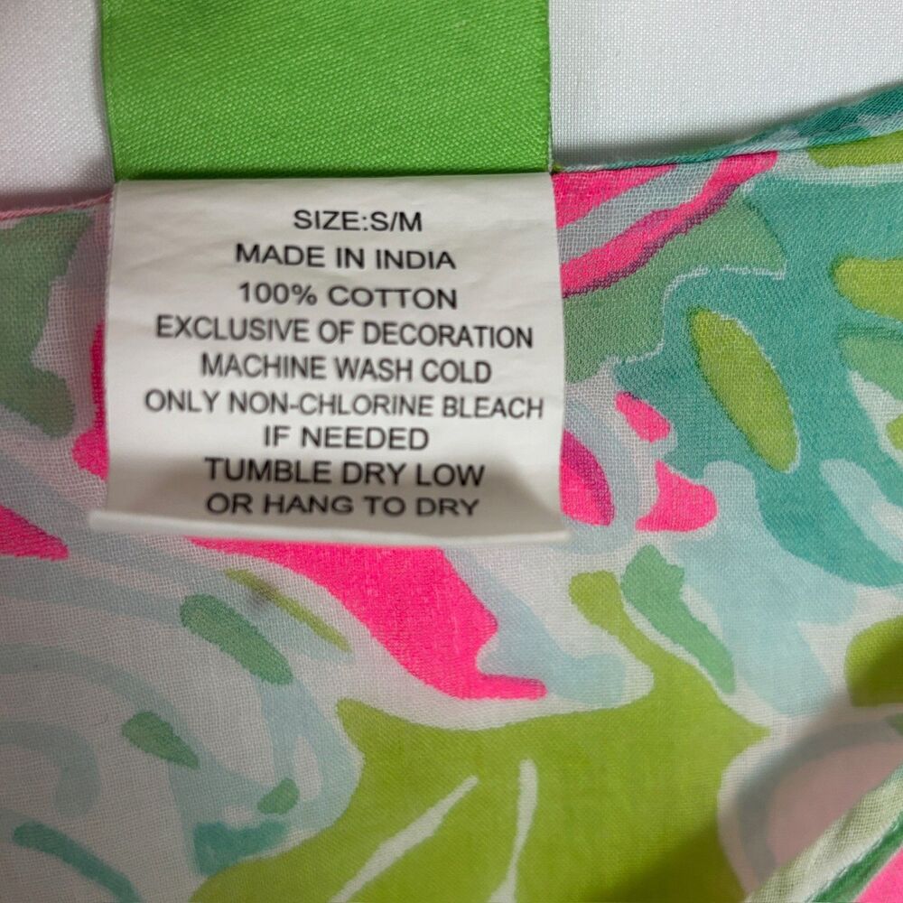 Classic Whimsy Floral Pink & Green Pom Pom Kaftan Cover Up Tropical Floral S/M - Picture 4 of 6